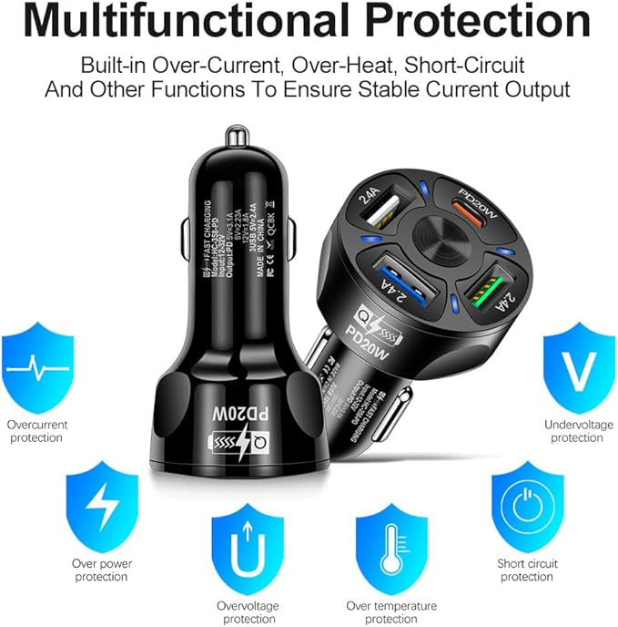 4 Port USB Fast Charging Cigarette Light Car Charger 3 * 2.4 A USB/ 1 PD20W LED Light Compatible with Tablets Cameras iPhone 14 13 12 11 Pro Max X XR XS Samsung Galaxy Series Google Pixel (White)