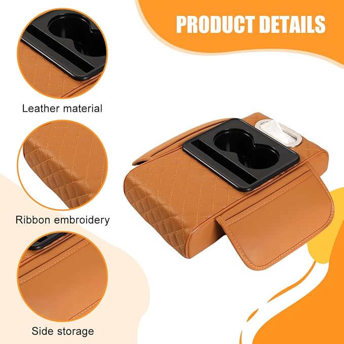 Car Armrest Cushion, 5-in-1 Nappa Leather Vehicle Centre Console Cover with 2 Storage Pockets, Cup Phone & Phone Holder, Multifunctional Auto Organiser Accessories, Universal Fit (Yellow)