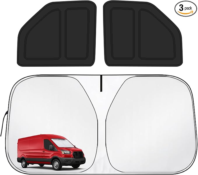 for Ford Transit Van 2015-2026 High and Medium Roof Front Windshield & Side Window Covers, Foldable 3-Piece Window Shades Set, Custom Fit Sunshade Visor for UV & Heat Block, Cargo Van Accessories