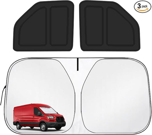 for Ford Transit Van 2015-2026 High and Medium Roof Front Windshield & Side Window Covers, Foldable 3-Piece Window Shades Set, Custom Fit Sunshade Visor for UV & Heat Block, Cargo Van Accessories
