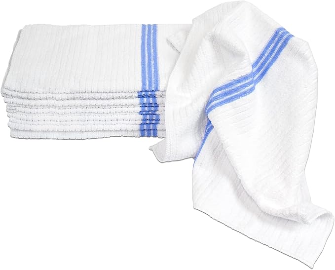Nouvelle Legende Ribbed Microfiber Bar Mop Towels, Super Absorbent, Cleaning & Drying Cloths, Lint-Free, Streak-Free for Kitchen, Home & Auto, 14x18 Inch, 12-Pack, Blue Stripe