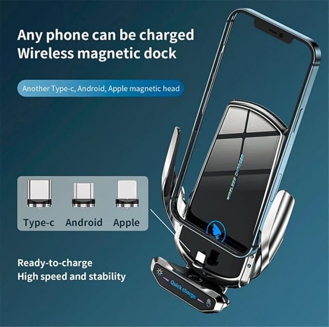 15W Wireless Car Charger Automatic Sensor Clip Charging Bracket Mobile Phone Holder - (Black)