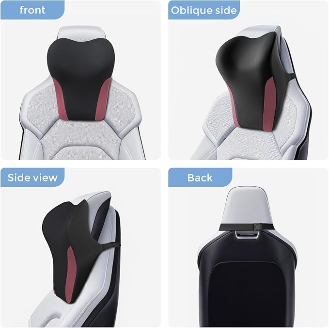 BEBAS Car Headrest Pillow, Ergonomic Neck Pillow with Memory Foam, Enlarged Surface for Head Neck Shoulder Support, Breathable Removeable Car Seat Pillow for Pain Relief (Black Red)