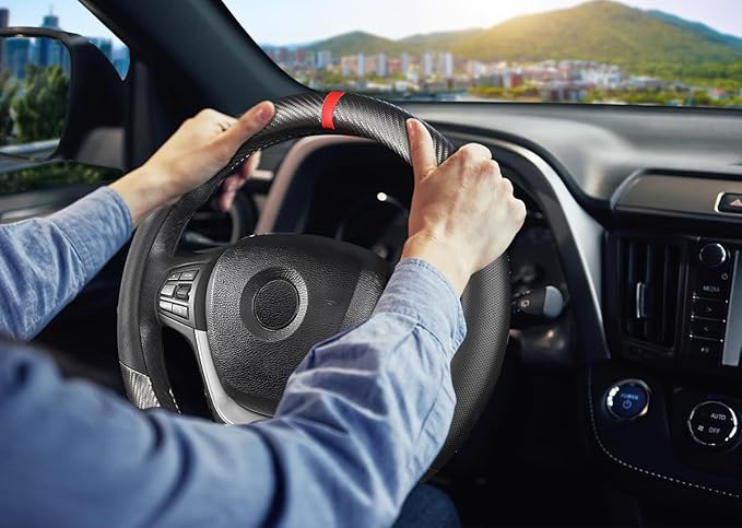 KAFEEK Classic Carbon Fiber Steering Wheel Cover, Universal 15 inch, Breathable Microfiber Leather, Gray