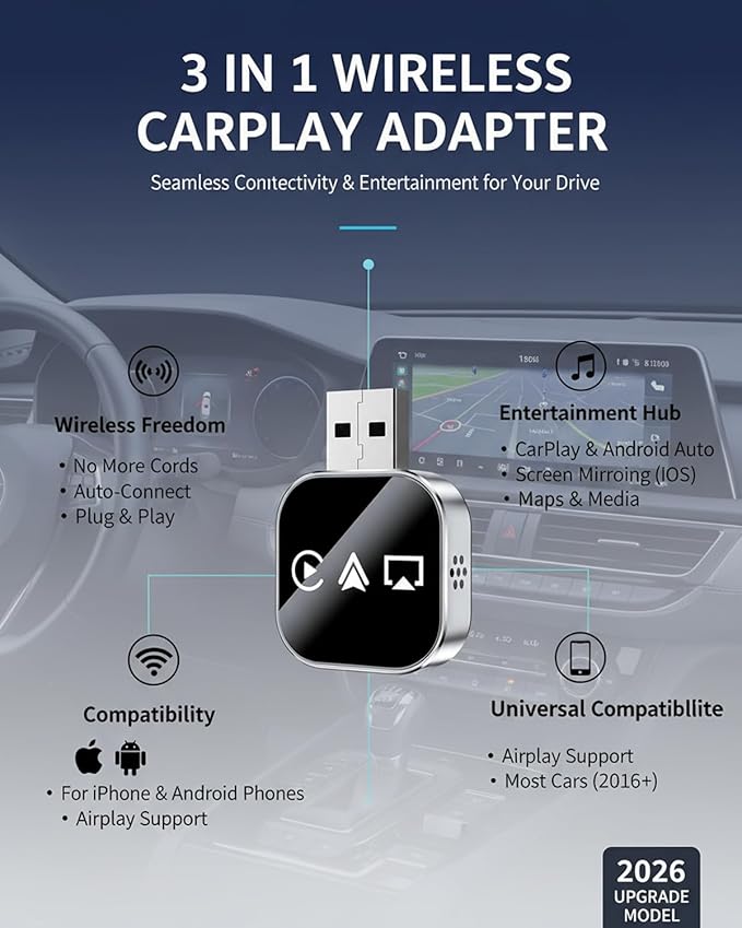 3 in 1 Wireless Carplay Adapter, Car Screen Mirroring Converter, 2026 Upgrade Mirror iOS Phone for iPhone/Airplay/Apple/Android, Bluetooth Auto Link, Wired to Wireless, Plug & Play (for iPhone)