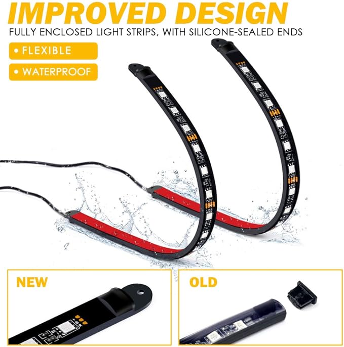 Xprite RGB LED Car Interior Bluetooth Light Strips w/Remote & Control Box, Silicone Sealed, Under Dash Footwell Lights Kit w/Cigarette Adapter for Vehicle Internal SUV Truck - 4 PCS