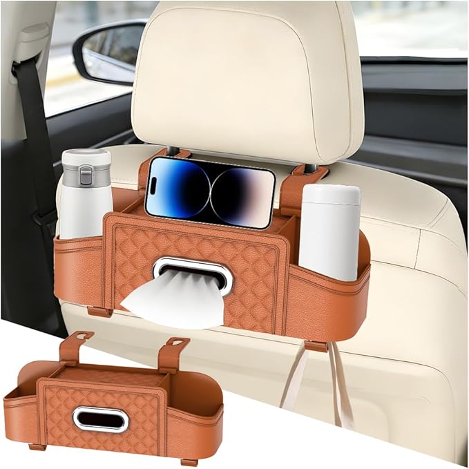 Car Backseat Organizer, 4-in-1 Multifunctional Vehicle Seat Back Tissue Box with Cup Holder & Hook, Auto Backseat Hanging Storage Box for Bag Phone Drink, Universal for Vehicles (Orange)