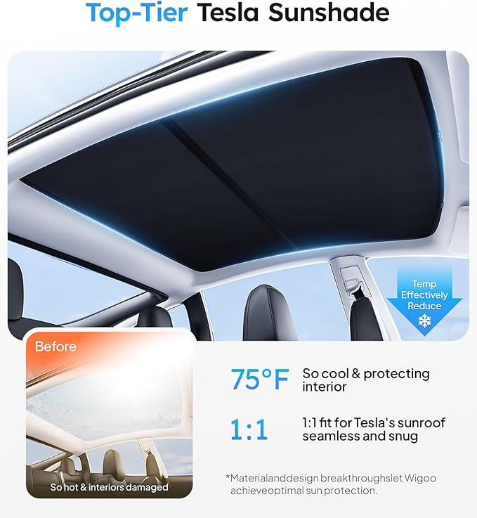 Wigoo Tesla Model Y Sunshade Roof [Never Sag, Nano Ice-Crystal Coatings] 3-Gen Heat Insulation Glass Roof Sun Shade, Accessories for Tesla Model Y 2020~2025, Black