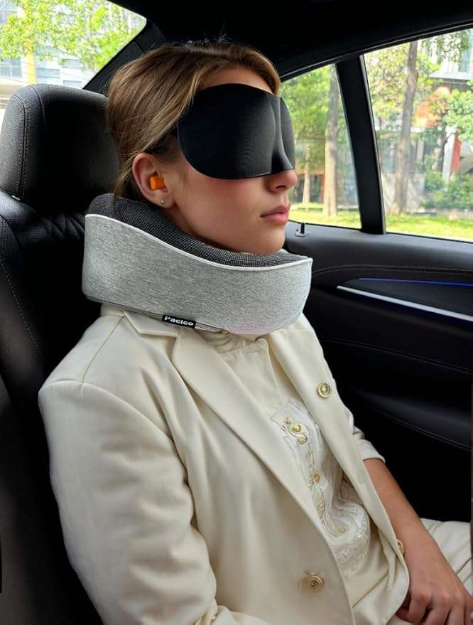 Travel Pillow 100% Pure Memory Foam Neck Pillow, Sleeping Pillow for Car, Train and Airplane, Travel Kit with 3D Contoured Eye Masks and Earplugs (Light Gray)