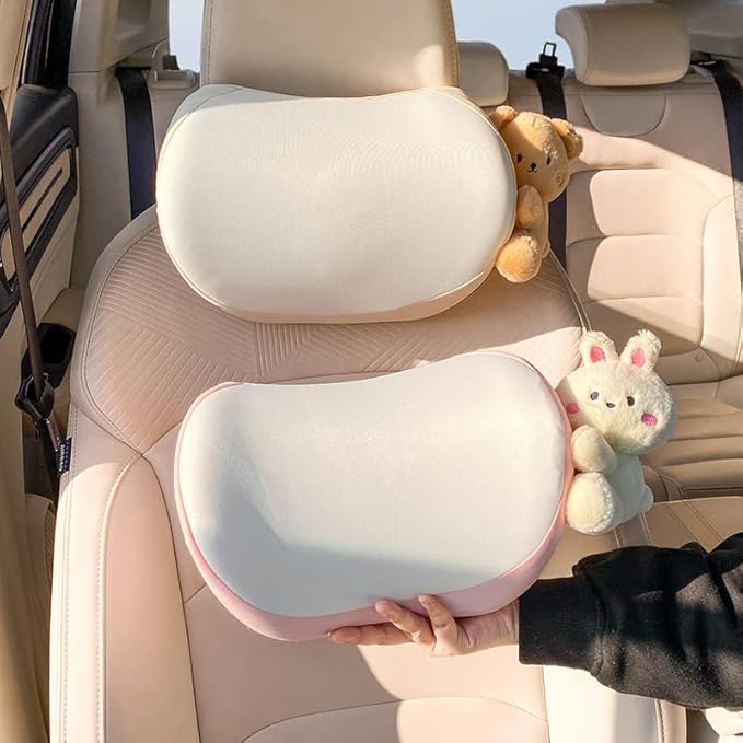 Car Headrest Pillow 2PCS Bear or Bunny Car Seat Neck Pillow Car Decor Memory Foam Neck Support Cushions for Comfortable Driving, Easy Install & Washable (Pink)