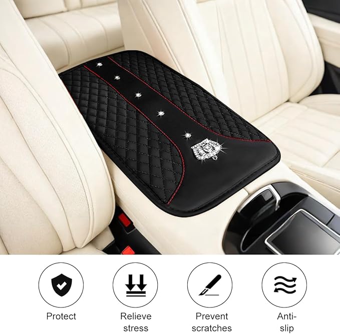 Bling Car Center Console Cover, Crown Crystal Rhinestones Vehicle Armrest Mat Protector, Anti Slip Sparkling Automotive Arm Rest Seat Box Cushion Pad Decor Accessories, Universal Fit (Black)