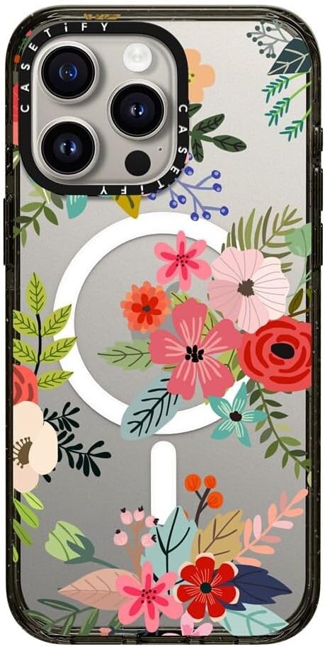 CASETiFY Impact iPhone 15 Pro Max Case [Slim/Compatible with Magsafe / 8.2 ft. 4X Military Grade Drop Protection] - Floral Collage - Clear Black