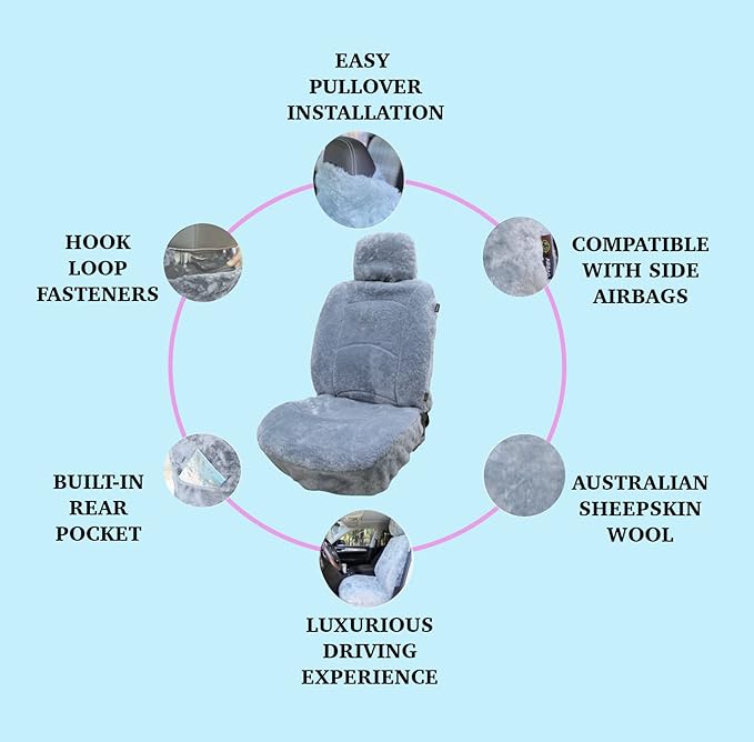 Genuine Sheepskin Seat Cover Lambskin Seat Cover Winter Car Seat Cover Lambs Wool Sheep Skin Fuzzy Shearling Car Accessories Front with Curve Patten (Light Gray Color)