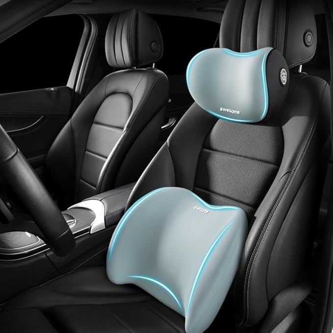 Car Headrest & Lumbar Support Cushion Kit, Ergonomic Car Seat Neck Pillow and Backseat Cushion for Driving Fatigue Relief, Driving Seat Memory Foam Neck Back Rest Pillows (Blue)