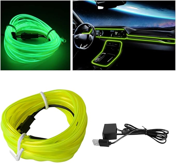 EL Wire Interior LED Strip Lights, 10FT USB Auto Neon Light With Sewing Edge, Electroluminescent Ambient Lighting Kit, Fuse Protection, Car Decoration Accessories (Ice Green)