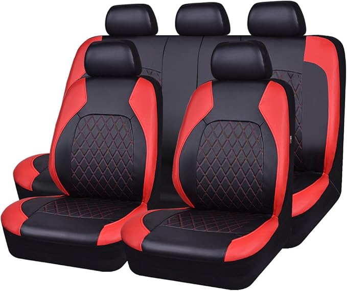 Universal Faux Leather Car Seat Covers Full Set Airbag Compatible Breathable Fit for Cars Trucks SUVs Deluxe Pu Luxury Vinyl(Black with Red)
