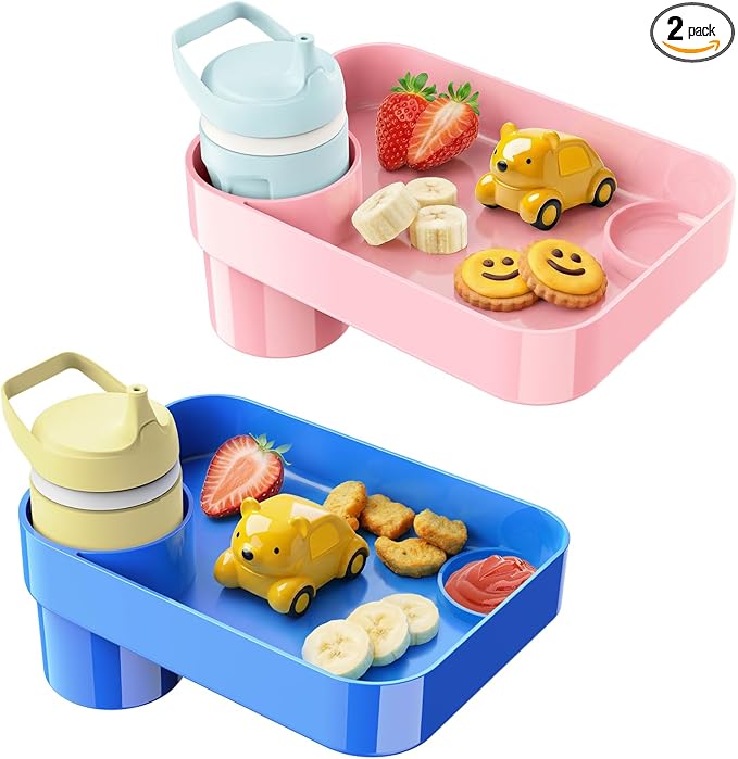 [Pink+Blue] Car Seat Snack Tray for Toddlers - 3 Inch Cup Holder Fits Most Sippy Cups & Straw Bottles with Dip Well, Mess-Free Square Kids Travel Tray Road Trip Essentials, Blue & Pink