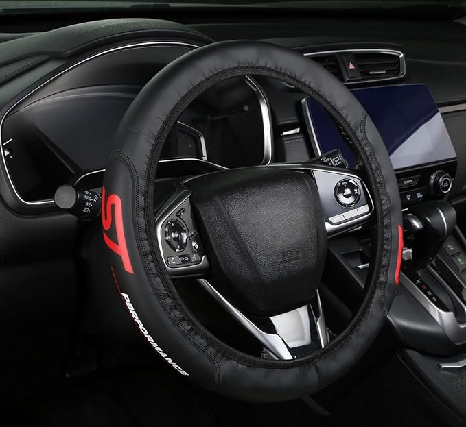 Black Leather Steering Wheel Cover,Elastic Breathable Design,Universal 14-15 Inch Compatible with ST Focus Mondeo Explorer kuga Fiesta Edge Car Accessories