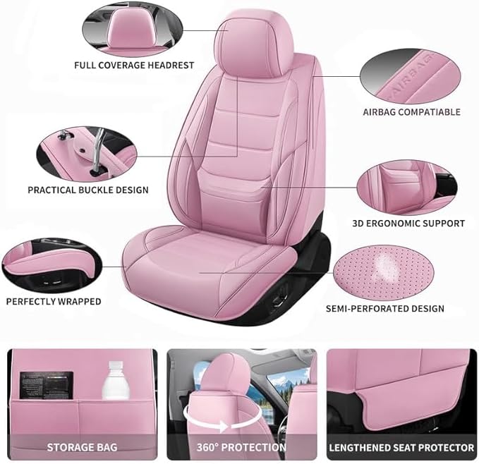 Car Seat Covers Full Set Fit for Buick Lacrosse 2004-2019, Premium Faux Leather Waterproof Car Seat Protectors with Lumbar Support, Breathable Anti-Slip Easy to Install(Pink,Full Set)