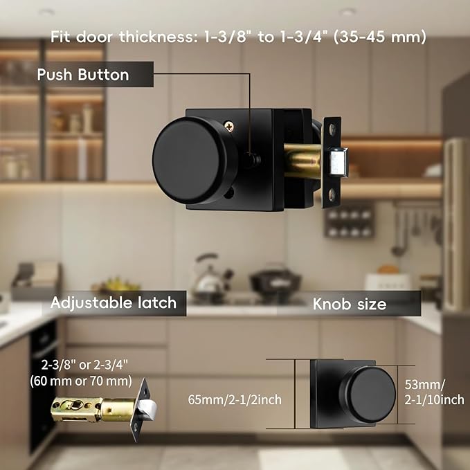 6 Pack Black Door Knobs with Square Rosette, Interior Door Handles for Bath & Bed, Heavy Duty Door Knob with Lock