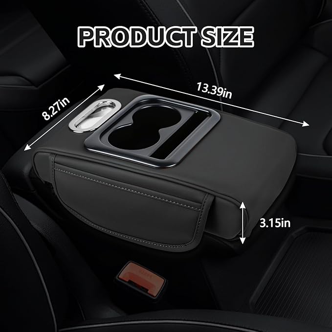 wuyaoyao Car Center Console Cover, 13.39"×8.27"×3.15" Leather Car Armrest Cover with Pocket & Tissue Box & Cup Holder, Multifunctional Auto Armrest Cushion Pad, Universal Car Accessories (Black)