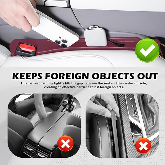 2PCS Car Seat Gap Filler Organizer,3 in 1 Car Seat Side Gap Filler with Hook for Avoiding Dropped Items,Universal No Drop Seats Guard for Filling Gaps 1.37-1.49 Inch Wide (Red)