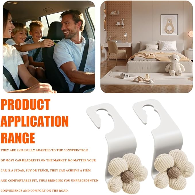 4PCS Car Headrest Hooks, Purse Hook for Car, Cute Flower Auto Backseat Organizer Hanger for Purse Grocery Bag Coat, Auto Seat Back Organizer Storage Hanger Holder Fit Vehicles (White/Beige)