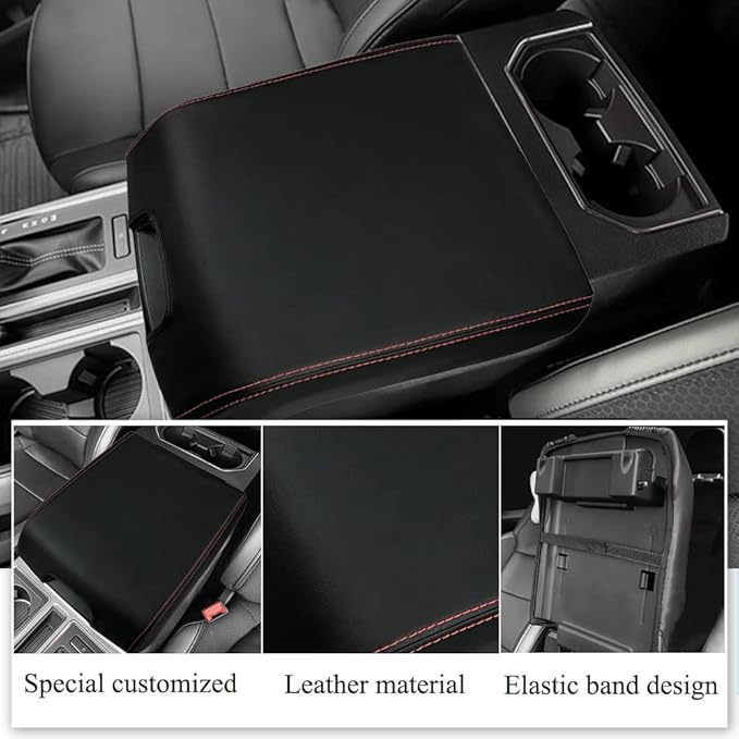 XITER 1PC Leather Center Console Armrest Box Cover Waterproof Cushion Pad for F150 2015-2020 F250 F350 F450 Super Duty 2017-2022 Expedition 2018-2023(Red Stitches)