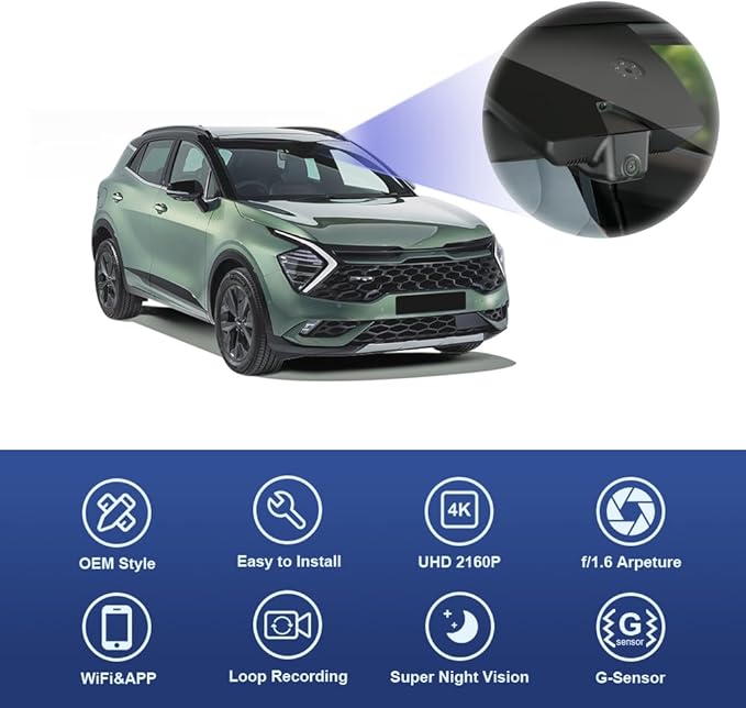 Fitcamx 4K Dash Cam Compatible with Kia Sportage 2023 2024 2025 (Part No#DW010/P1020/R2010), OEM Look, UHD 2160P Video, Built-in WiFi & APP, Loop Recording, G-Sensor, Easy to Set, 64GB Card