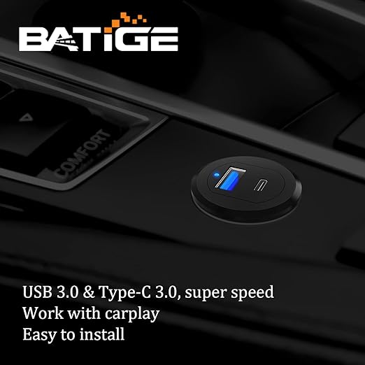 BATIGE Type C 3.0 USB 3.0 Alloy Shell Car Mount Flush USB Port Cable Male to Female, Car Truck Boat Motorcycle Dashboard Panel Extension Cable LED Indicator - 3ft