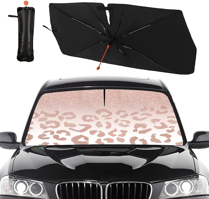 Socira Rose Gold Leopard Car Windshield Sunshade Umbrella Foldable Umbrella Cute Sun Shade Windshield Cover Sunshade Leopard Print Car Accessories Keeps Cool (57" X 30")
