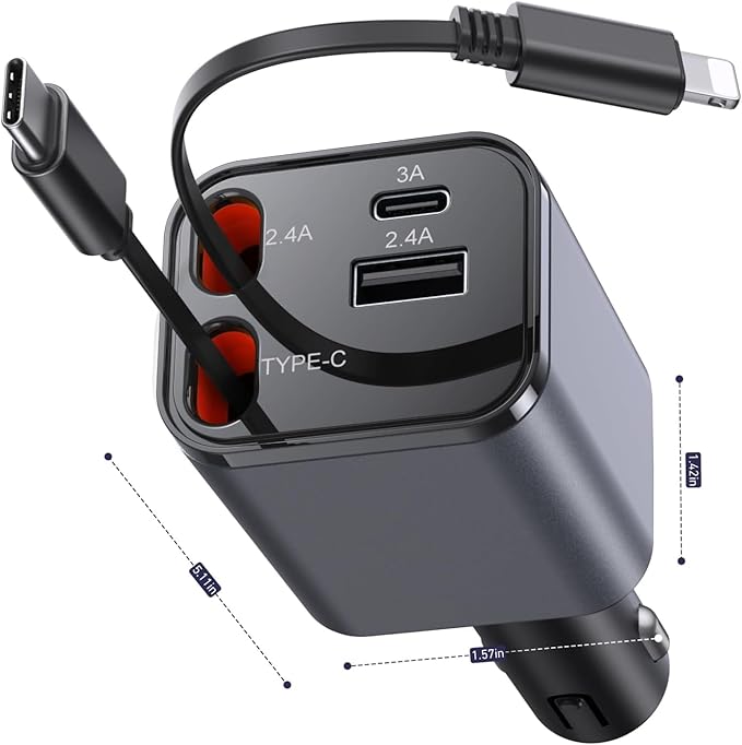 2Pack iPhone Car Charger Retractable Fast Phone Chargers, 4 in 1 Car Charger Cigarette Lighter Adapter with 2 Cables 30 Inch and 2 USB Ports, for iPhone 17/16/15/14/13/Pro, Gifts for Women Men