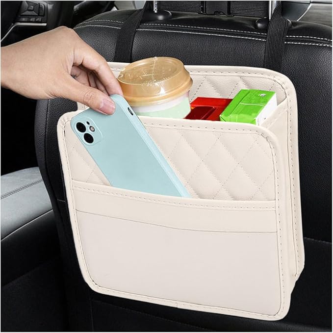 Car Seat Back Organizer, Foldable Leather Vehicle Backseat Storage Bag, Multifunctional Automotive Interior Hanging Pocket Accessories, Universal Fit (Beige)