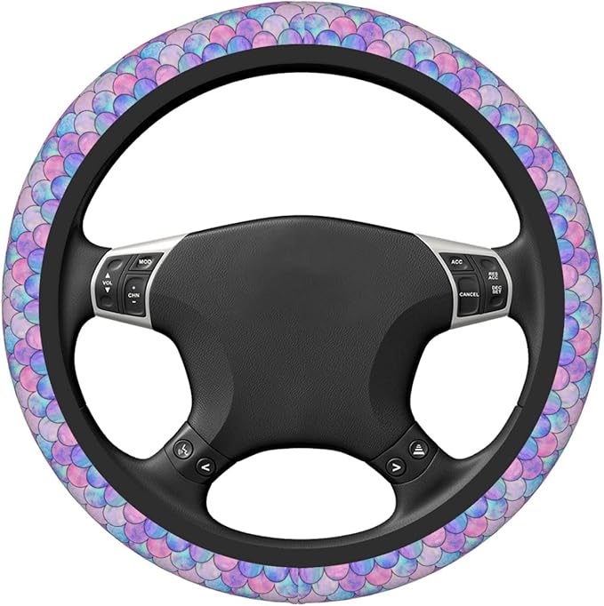 Mermaid Rainbow Steering Wheel Cover Women Men Elastic Stretch Soft Car Wheel Protector Universal Breathable No-Slip Car Accessories for Truck Van SUV Auto Fit 14-15 Inches