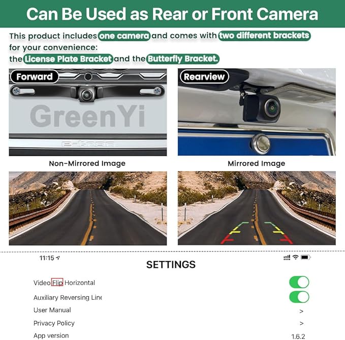 WiFi Car Backup Camera, GreenYi 5G 720P HD Car License Plate Rear/Front View Reverse Camera for iPhone iPad Android Smart Phones Tablets Which Support Double Band WiFi