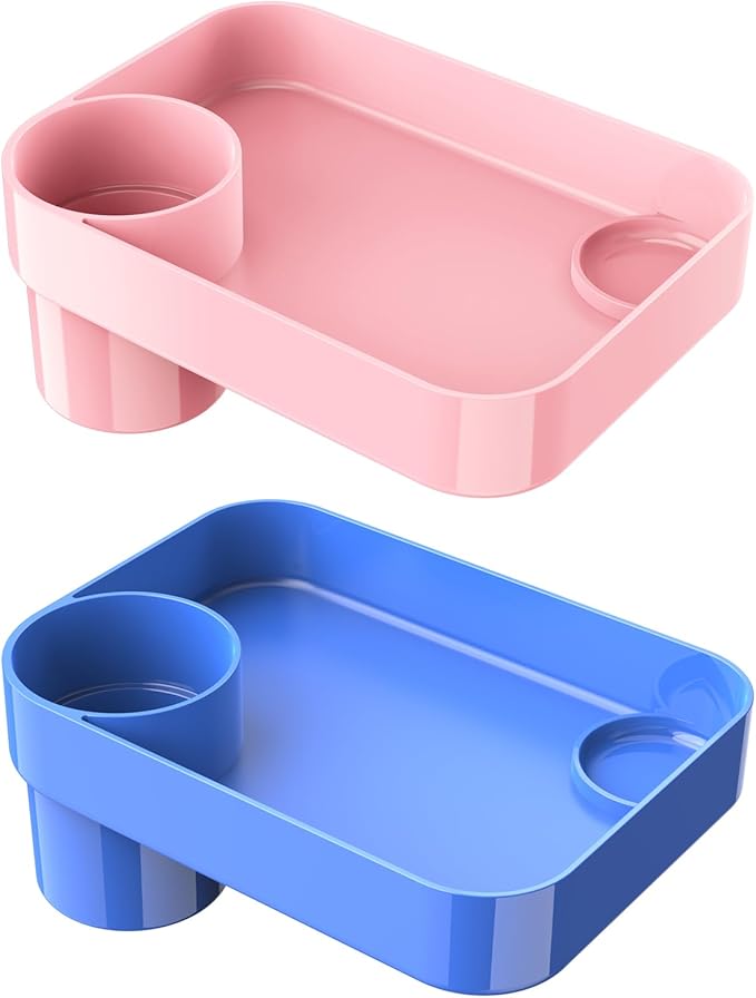 [Pink+Blue] Car Seat Snack Tray for Toddlers - 3 Inch Cup Holder Fits Most Sippy Cups & Straw Bottles with Dip Well, Mess-Free Square Kids Travel Tray Road Trip Essentials, Blue & Pink
