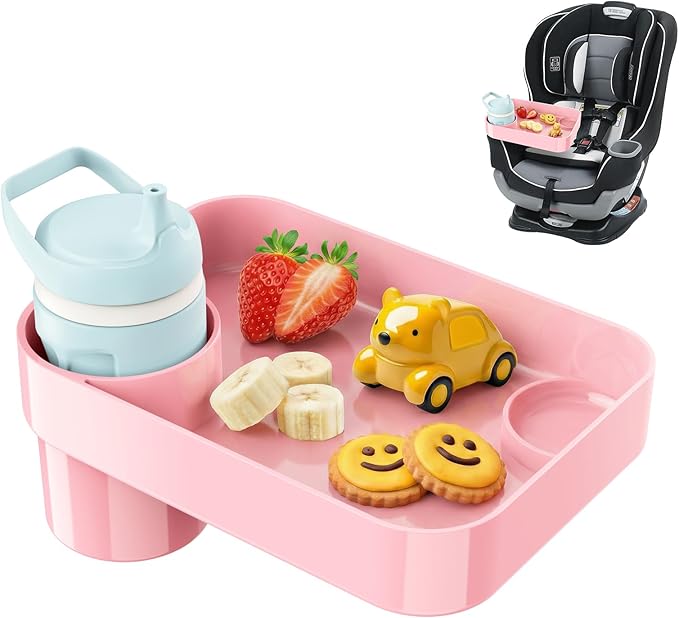 Car Seat Snack Tray for Toddlers - 3 Inch Cup Holder Fits Most Sippy Cups & Straw Bottles with Dip Well, Mess-Free Square Kids Travel Tray Road Trip Essentials, Pink