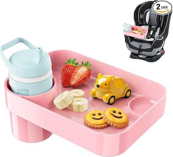 [2 Pack] Car Seat Snack Tray for Toddlers - 3 Inch Cup Holder Fits Most Sippy Cups & Straw Bottles with Dip Well, Mess-Free Square Kids Travel Tray Road Trip Essentials, Pink, 2