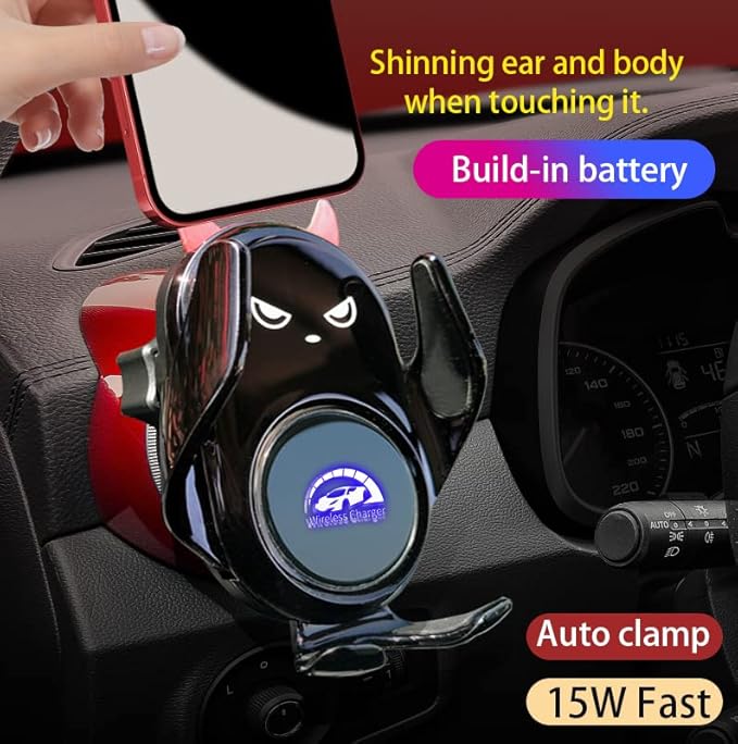 Car Phone Holder Mount Wireless Charging Auto Clamping with Rotatable Vent Clip Cute Demon for iPhone Samsung Galaxy Andriod Phone