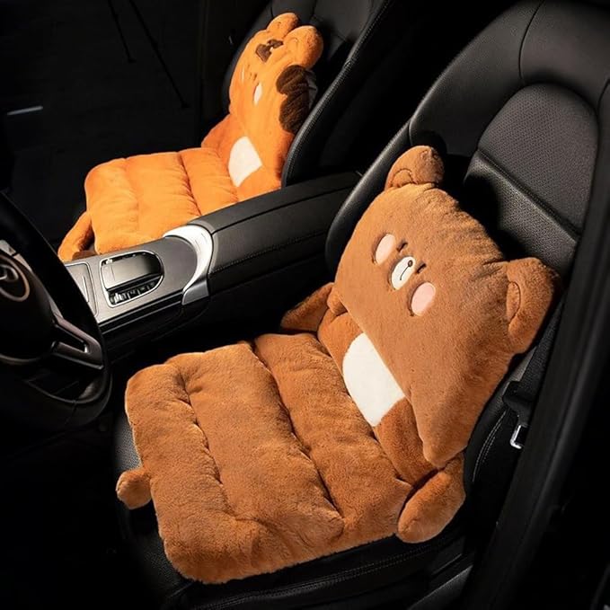 Cute Car Seat Cushion, Cartoon Plush Car Pillow for Driving Seat, Lumbar Support Pillow for Car with Anti-Slip Design, All-Season Car Headrest and Back Pillow for Cars, Chair, Wheelchair (Pig)