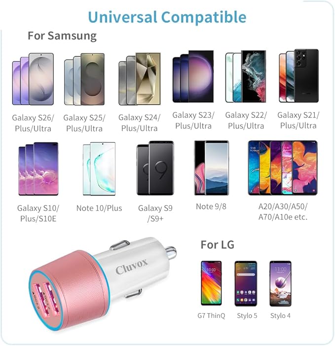 Fast USB Car Charger for Samsung Galaxy A56/A55/A54/A53/A50/A17/A16/A15/A14/S26/S25/S24/S23/S22 Plus/Ultra/Note 20/A21/A31/A51 Quick Charge 3.0 Dual USB Rapid Car Charger with Type C Cable 3.3ft-Pink