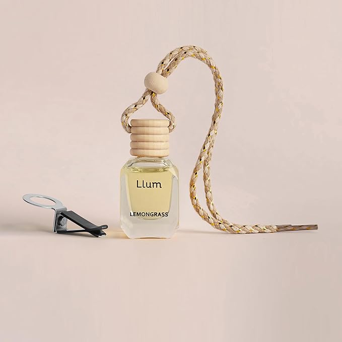 Llum Lemongrass Hanging Car Air Freshener – Luxury Automotive Perfume Diffuser 10ml (0.34 fl oz), Long-Lasting Fragrance, Alcohol-Free Non-Toxic Scent, Glass Bottle With Wood Cap & AC Vent Clip