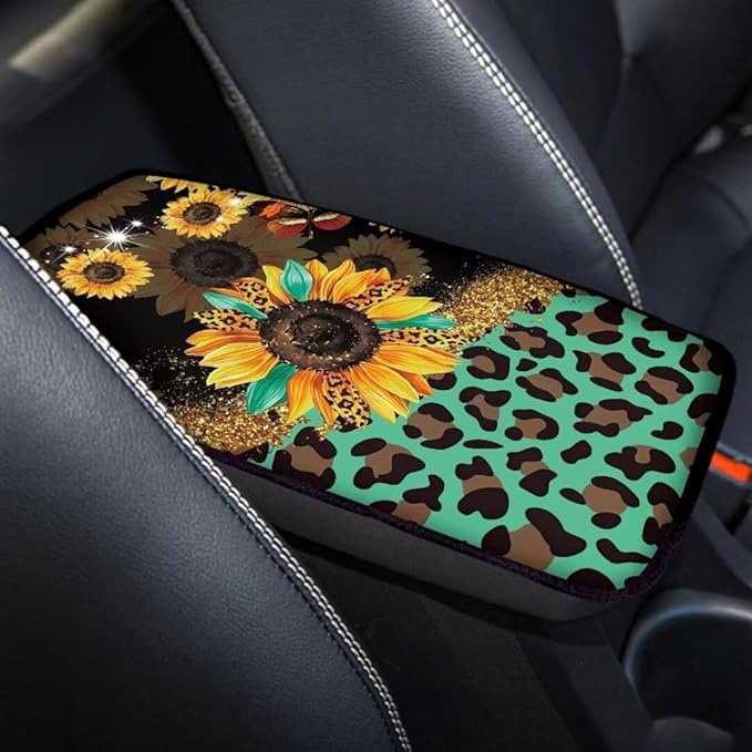Coldinair Sunflower Universal Car Center Console Pad Leopard Print Soft Armrest Protector Cover Fit for Most Vehicle,SUV,Truck,Car Interior Accessories Decor