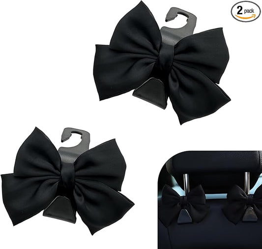 2 PCS Car Seat Headrest Hooks, Cute Bow Back Seat Storage Hangers for Handbag Purse Coat, Universal Auto Organizer Hooks (Black)