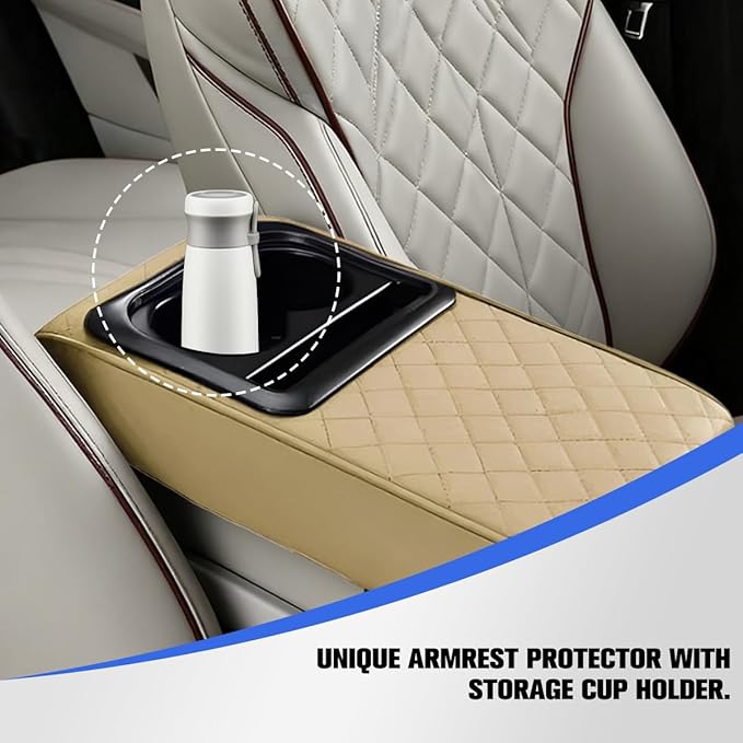 Car Center Console Armrest Pillow, Vehicle Armrest Seat Box Cushion Pad with Cup Holder & Phone Holder, Comfortable Auto Middle Console Cover, Universal for SUV RV Truck (Diamond, Beige)