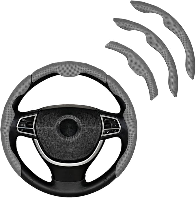 3PCS Car Steering Wheel Cover, Nappa Leather Breathable Non-Slip Segmented Steering Wheel Protector, Snap-on Auto Interior Decoration Accessories, Universal Fit (Gray)