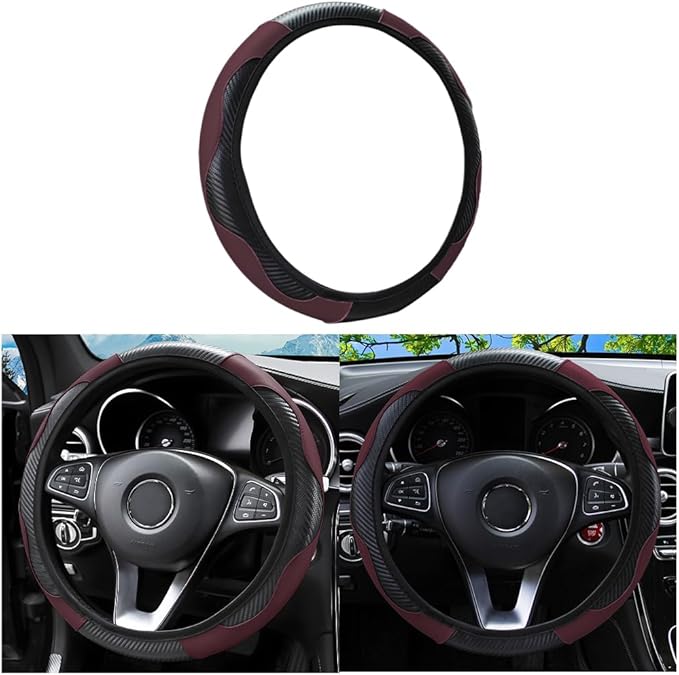 Car Steering Wheel Cover, Microfiber PU Leather Elastic Carbon Fiber Auto Steering Wheel Protector, 15 Inch Breathable Anti-Slip for Women Men, Car Interior Accessories for Most Cars (Black/Wine Red)