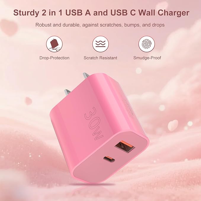 Aolcev for iPhone Charger Fast Charging 2 in 1 USB A USB C Charger Block 30W Cute Type C Fast Charging Blocks for iPhone 17 16 15 14 13 for iPad USB C Charging Adapter for Galaxy S26 S25 Light Pink