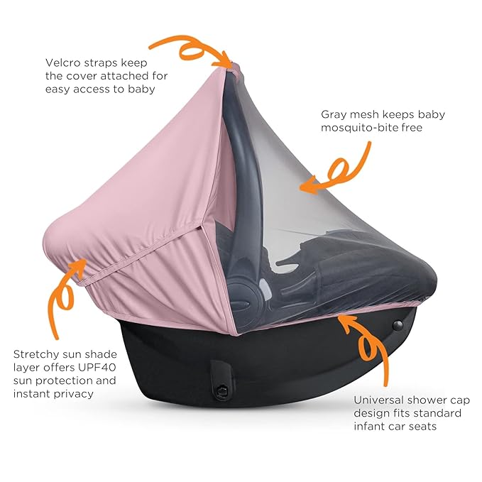 liuliuby Summer Baby Car Seat Cover | 2-in-1 Breathable Carseat Sun Shade & Mosquito Net | UV Protection Lightweight Canopy Covers for Infant Girls | Bug Net Mesh for Warm Weather (Pink)