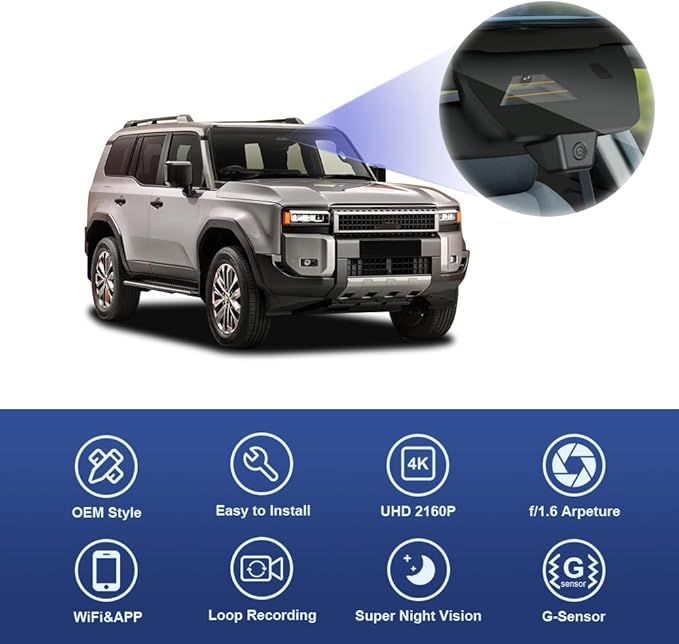 Fitcamx 4K Dash Cam Suitable for Toyota Land Cruiser 2024 2025 2026 First Edition 1958 (J250/Gen15), OEM Look, UHD 2160P Video, Built-in WiFi & APP, Loop Recording, G-Sensor, Plug & Play, 64GB Card
